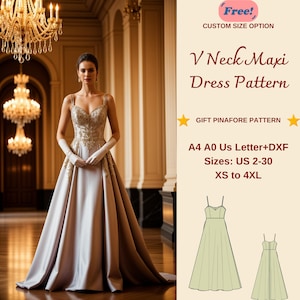 V Neck Maxi Evening Dress Sewing Pattern, Evening Gown, V Neck Dress, Cocktail Dress, Ball Gown Pattern, Prom Dress, XS-4XL