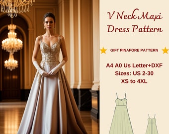 Lange avondjurk met V-hals Naaipatroon: XS-4XL (digitale download)
