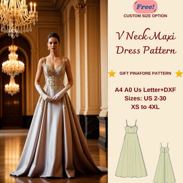 V Neck Maxi Evening Dress Sewing Pattern, Evening Gown, V Neck Dress, Cocktail Dress, Ball Gown Pattern, Prom Dress, XS-4XL