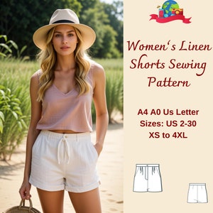 Women's Loose Linen Shorts Sewing Pattern, Wide Pleated Shorts, Easy shorts pattern, Casual Shorts Sewing Pattern, Summer Shorts, XS-4XL