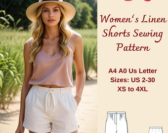 Women's Loose Linen Shorts Sewing Pattern, Wide Pleated Shorts, Easy shorts pattern, Casual Shorts Sewing Pattern, Summer Shorts, XS-4XL