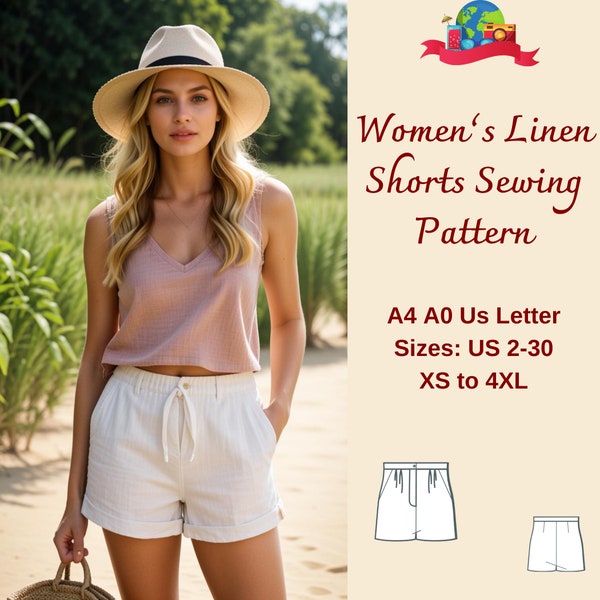 Women's Loose Linen Shorts Sewing Pattern, Wide Pleated Shorts, Easy shorts pattern, Casual Shorts Sewing Pattern, Summer Shorts, XS-4XL