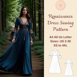 Victorian Renaissance Dress Sewing Pattern, Celtic Dress, Medieval Boho Dress, Elvish Dress, Cosplay Dress, XS-4XL, Custom Size pattern