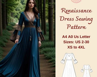 Victorian Renaissance Dress Sewing Pattern, Celtic Dress, Medieval Boho Dress, Elvish Dress, Cosplay Dress, XS-4XL, Custom Size pattern