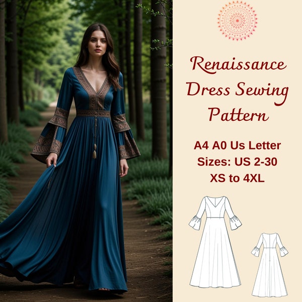 Victorian Renaissance Dress Sewing Pattern, Celtic Dress, Medieval Boho Dress, Elvish Dress, Cosplay Dress, XS-4XL, Custom Size pattern