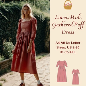 Cottagecore Gathered Midi Dress Sewing Pattern, Puff Sleeve Linen Midi Dress, XS-4XL