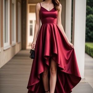 May include: A woman wearing a burgundy satin high-low dress with a V-neckline and spaghetti straps. The dress has a ruffled hemline and is fitted at the waist.