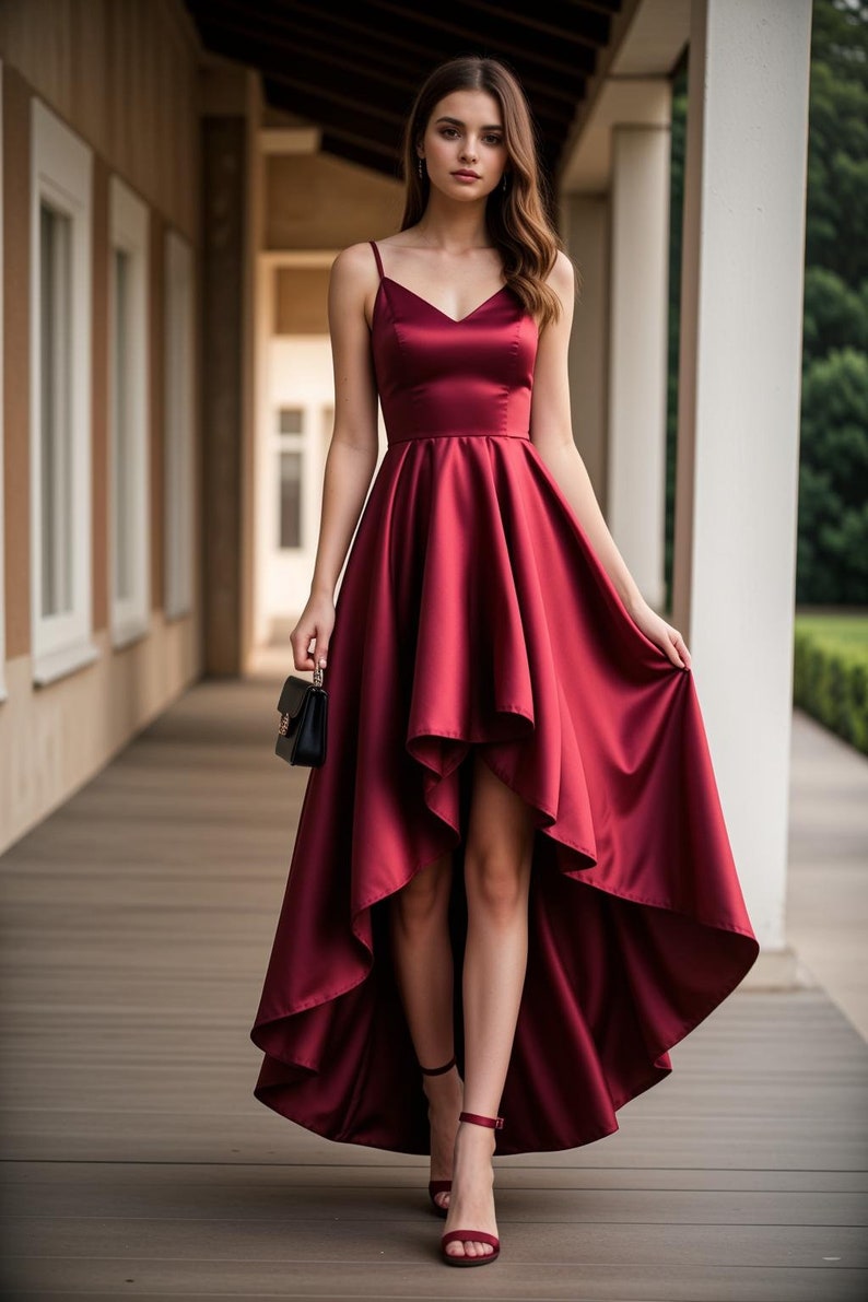 May include: A woman wearing a burgundy satin high-low dress with a V-neckline and spaghetti straps. The dress has a ruffled hemline and is fitted at the waist.
