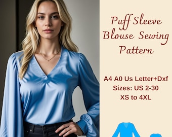 Puff Sleeve Blouse Sewing Pattern, V Neck, XS-4XL (PDF Pattern)