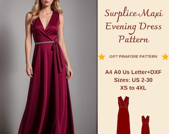 Surplice Maxi Abendkleid Schnittmuster: XS-4XL (Digitaler Download)