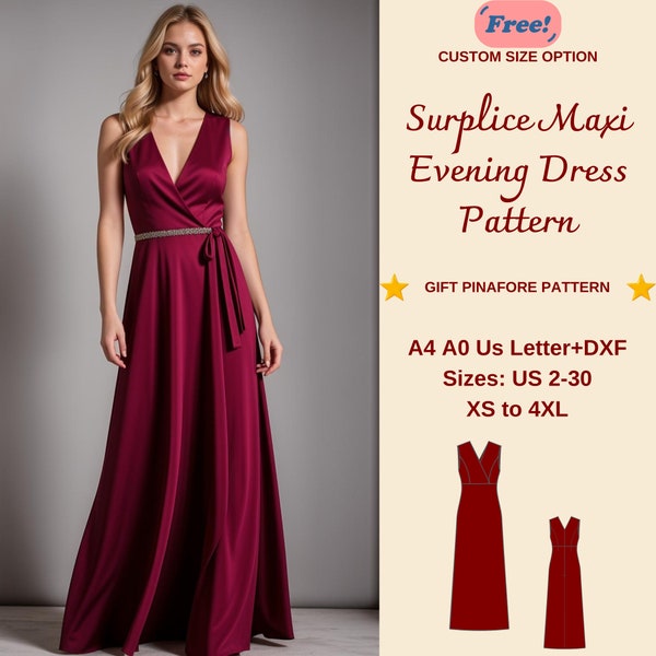 Evening Gown Sewing Pattern, Cocktail Dress, Surplice Maxi Evening Dress Sewing Pattern, Ball Gown Pattern, Prom Dress, XS-4XL