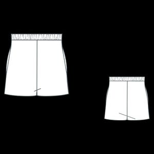 May include: Two white shorts with elastic waistbands are displayed against a black background. The shorts are drawn in a technical illustration style, showing the front view with a center seam and a small detail at the bottom.