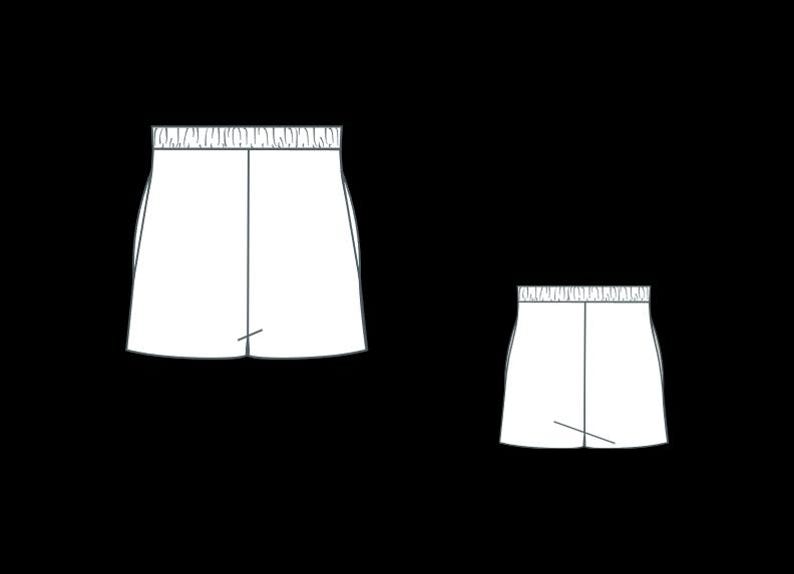 May include: Two white shorts with elastic waistbands are displayed against a black background. The shorts are drawn in a technical illustration style, showing the front view with a center seam and a small detail at the bottom.