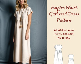 Patrón de costura para vestido de verano de lino fruncido, patrón de vestido de verano, vestido de lechera, vestido circular, vestido fruncido, tamaño A4 AO US, XS-4XL