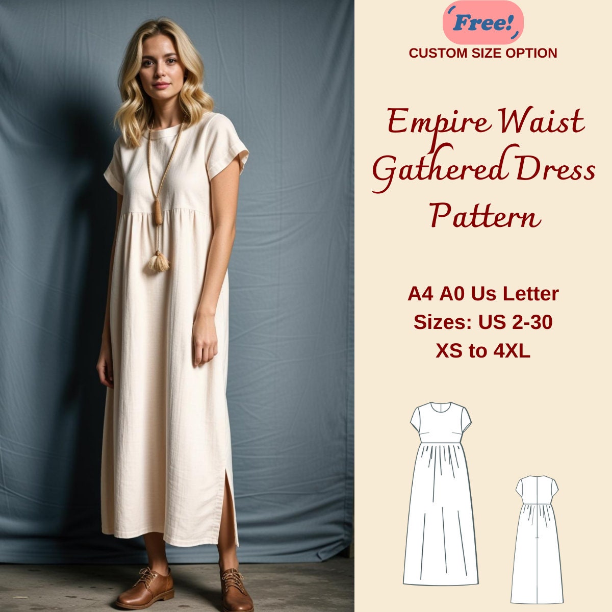 Drawstring Empire Waist Dress Pattern - Etsy