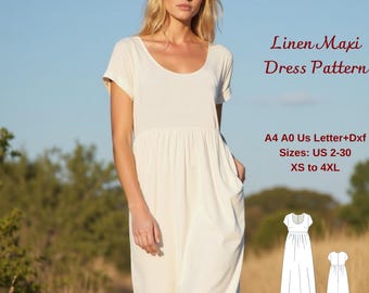 Patrón de costura para vestido largo de lino: Cintura imperio, tallas XS-4XL (patrón en PDF)