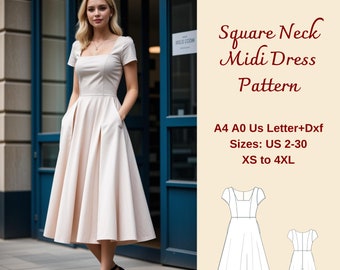 Square Neck Midi Summer Dress Sewing Pattern, Easy Dress Pattern, Evening Dress, Puff Sleeve Dress, Circle Dress Pattern, Prom Dress, XS-4XL