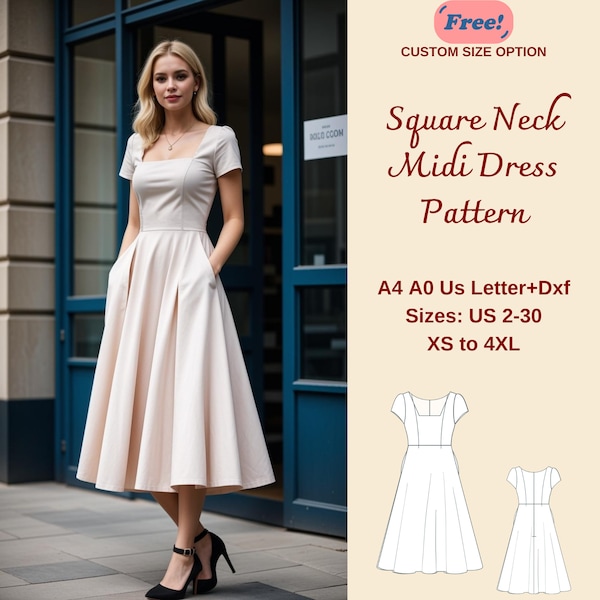 Square Neck Midi Summer Dress Sewing Pattern, Easy Dress Pattern, Evening Dress, Puff Sleeve Dress, Circle Dress Pattern, Prom Dress, XS-4XL
