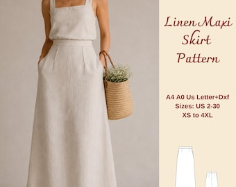 A Line Maxi Linen Skirt Sewing Pattern, Women Summer Skirt, XS-4XL