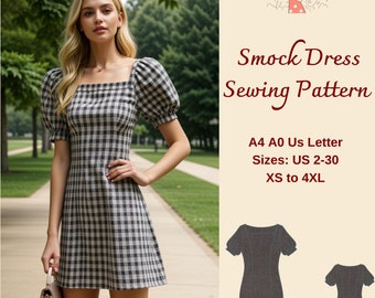 Smock Dress Sewing Pattern, Bodice Mini Dress, Romper Dress Pattern, Milkmaid dress, Puff Sleeve Cottagecore Dress, Summer Dress, XS-4XL