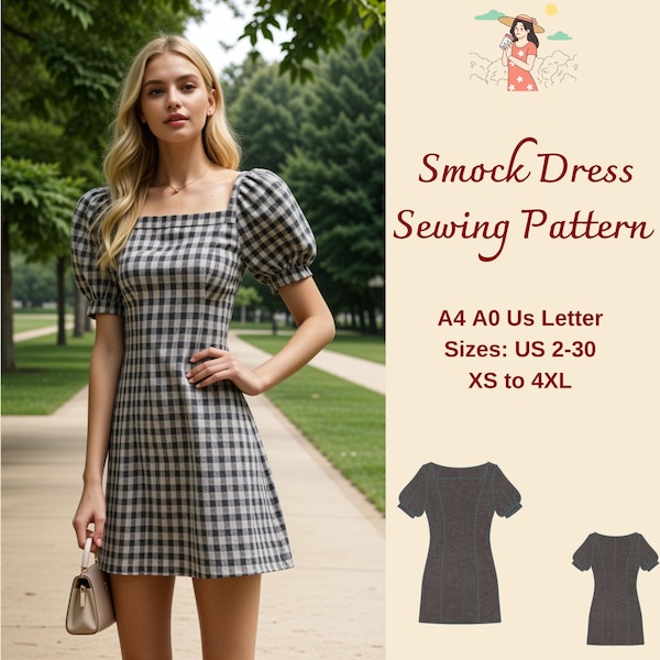 Smock Dress Sewing Pattern, Bodice Mini Dress, Romper Dress Pattern, Milkmaid dress, Puff Sleeve Cottagecore Dress, Summer Dress, XS-4XL