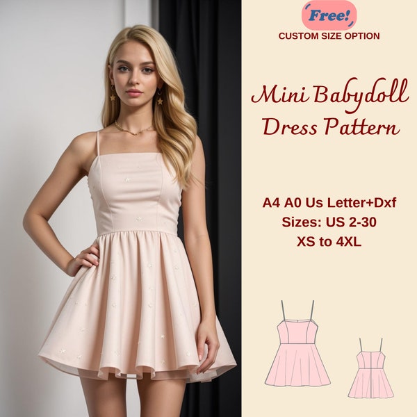 Babydoll Mini Dress Sewing Pattern, Stardoll Dress, Prom Dress, Barbie Dress, Circle Skirt Dress, Cocktail Dress,  XS-4XL