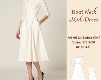 Midi Kleid mit U-Boot-Ausschnitt Schnittmuster, Easy Circle Dress (PDF Pattern XS-4XL)