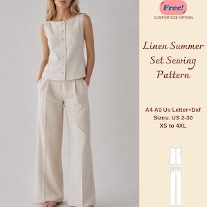 Mönster för sommarset i linne, linneväst och byxor, loungeoutfit för kvinnor, XS-4XL