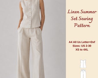 Linnen zomerset naaipatroon, linnen hemd en broek, lounge-outfit dames, XS-4XL