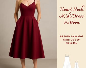 Heart Neck Midi Dress Sewing Pattern: Evening Gown, XS-4XL (PDF Pattern)