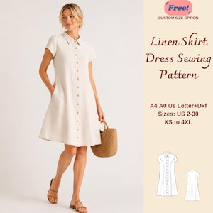 Patrón de costura para vestido camisero de lino, vestido veraniego abotonado, pareo de playa, tallas XS-4XL