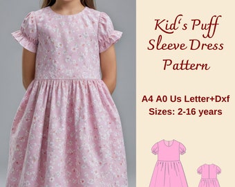 Kid's Puff Sleeve Gathered Dress Sewing Pattern, Puff Sleeve Girl Dress Pattern, Girl's Dress Sewing Pattern, A4 A0 US DXF, 2-16 years