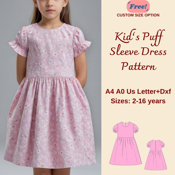 Kid's Puff Sleeve Gathered Dress Sewing Pattern, Puff Sleeve Girl Dress Pattern, Girl's Dress Sewing Pattern, A4 A0 US DXF, 2-16 years