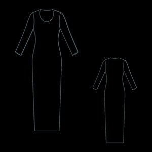 Puede incluir: Un vestido largo de manga larga con cuello redondo. El vestido se muestra en dos vistas: frontal y posterior.