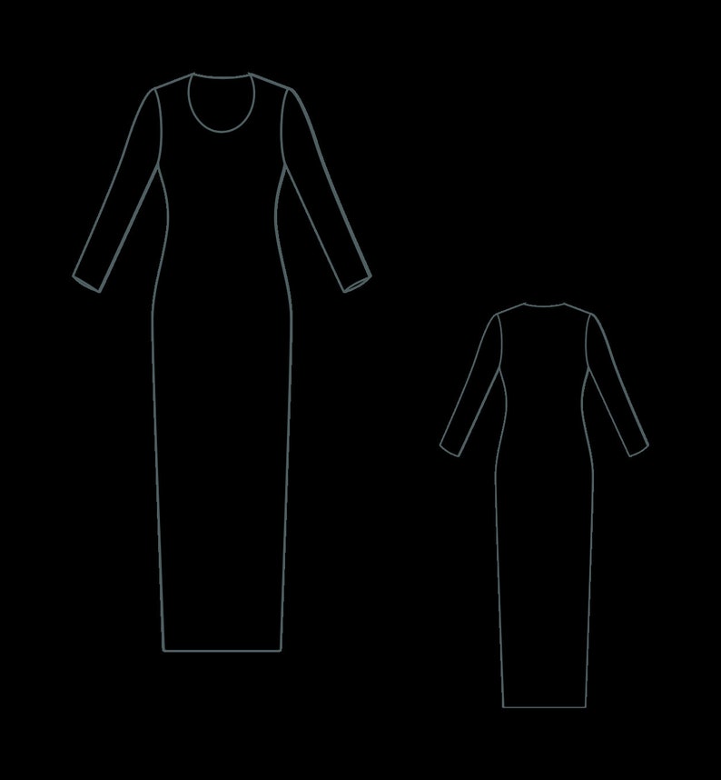 Puede incluir: Un vestido largo de manga larga con cuello redondo. El vestido se muestra en dos vistas: frontal y posterior.