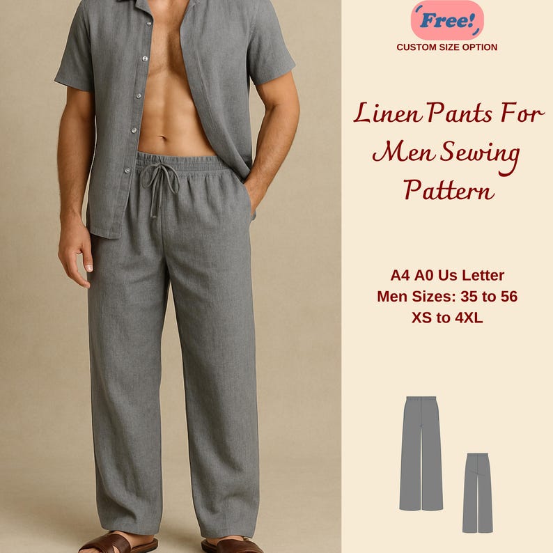 Men's Loose Fit Linen Pants Sewing Pattern: Sizes XS-4XL (digital ...