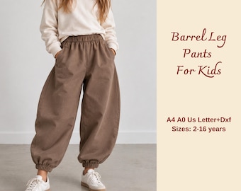 Kids Barrel Leg Pants Sewing Pattern, Girls Elastic Waist Pants PDF, Sizes 2-16 Years