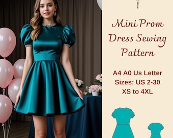 Schnittmuster Mini Kleid, Puffärmel, US 2-30 XS-4XL (PDF Pattern)
