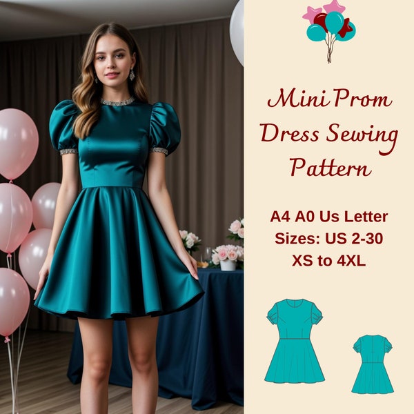 Prom Dress Sewing Pattern, Mini Prom Dress, Cocktail Dress, Homecoming Dress, Puff Sleeve Dress, Evening Gown Pattern, A4 A0 US 2-30, XS-4XL