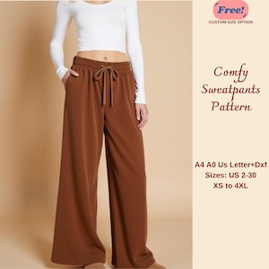 May include: A brown wide-leg sweatpants sewing pattern. The pattern includes sizes US 2-30, XS to 4XL. The pattern is available in A4, A0, and US Letter sizes. The pattern is also available in DXF format. (Free! CUSTOM SIZE OPTION Comfy Sweatpants Pattern)