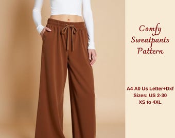 May include: A brown wide-leg sweatpants sewing pattern. The pattern includes sizes US 2-30, XS to 4XL. The pattern is available in A4, A0, and US Letter sizes. The pattern is also available in DXF format. (Free! CUSTOM SIZE OPTION Comfy Sweatpants Pattern)