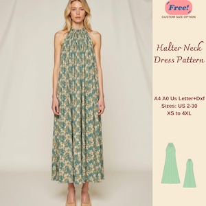 Puede incluir: Un patrón de descarga digital para un vestido de cuello halter. El patrón incluye las tallas US 2-30, XS a 4XL. El patrón está disponible en los formatos A4, A0, US Letter y DXF. La imagen muestra a una mujer con un vestido de estampado floral azul y verde.