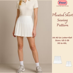 Può includere: Un modello di cucito per gonna a pieghe bianca con il testo "Pleated Skirt Sewing Pattern". Il modello include le taglie US 2-30 e XS a 4XL. L'immagine include anche una donna che indossa la gonna.