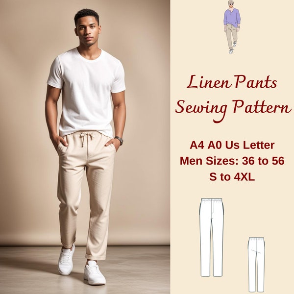 Men's Linen Pants Sewing Pattern, Men's Pants Pattern, Men's Summer Pants, Pants Trousers PDF Sewing, Men Size: 36 to 56 S-4XL