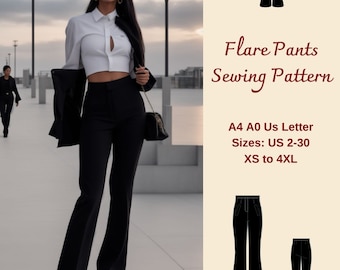 Puede incluir: Un patrón de costura para pantalones acampanados en tallas US 2-30 (XS a 4XL). El patrón está disponible en tamaños A4, A0 y US Letter. La imagen muestra a una mujer con pantalones acampanados negros y un top blanco corto.