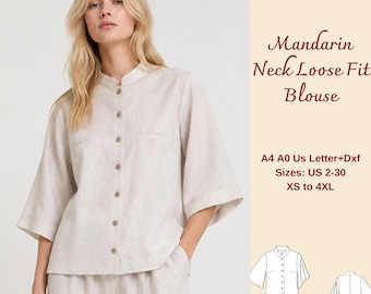 Loose Fit Women's Blouse Sewing Pattern, Mandarin Collar Linen Blouse, Oversized Pajama Top, XS-4XL