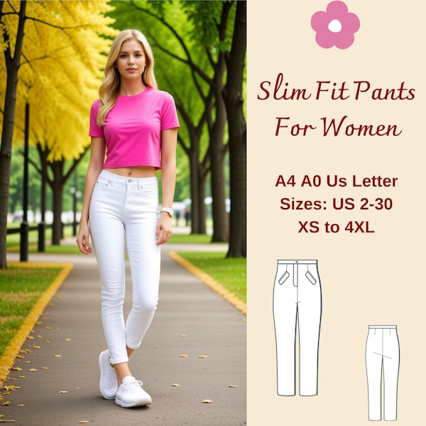 Women Slim Fit Pants Sewing Pattern, Slim Fit Summer Pants, Pant trousers PDF Sewing, Retro Trousers, Summer Jeans, XS-4XL, A4 A0, US 2 -30