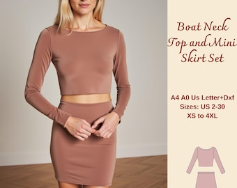 Wykrój na bluzkę z dekoltem łódkowym i spódniczkę mini (XS-4XL) (PDF)
