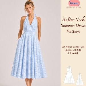 Könnte beinhalten: Ein hellblau-weißes Kleid mit Neckholder-Ausschnitt, kariertem Muster, tailliertem Schnitt und weitem Rock. Der Text lautet: Free! CUSTOM SIZE OPTION, Halter Neck Summer Dress Pattern, A4 A0 Us Letter+Dxf, Sizes: US 2-30, XS to 4XL. Enthält eine Skizze.