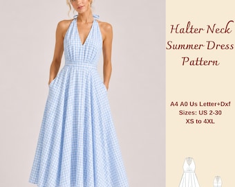 Halter Neck Midi Summer Dress Sewing Pattern, Cottagecore Sundress, Open Back Dress, XS-4XL